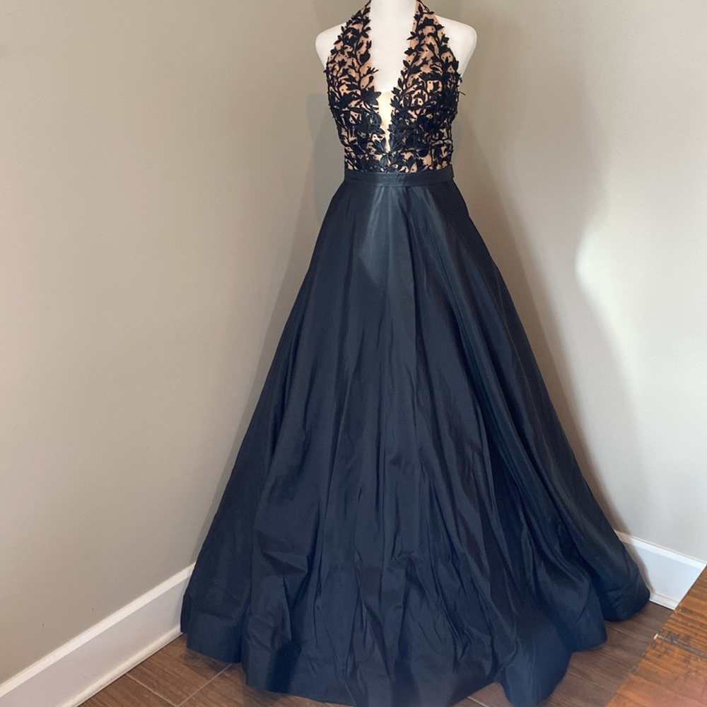 Sherri Hill Formal Full Length Halter Style Dress in Nude and Black